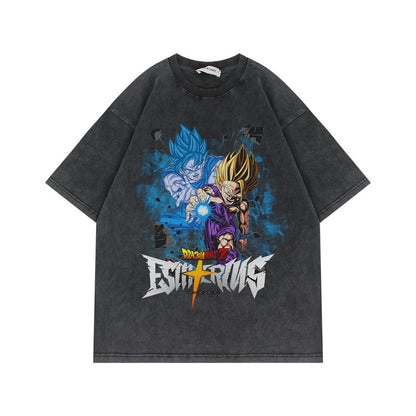 280G Heavyweight Washed Old Vintage Short Sleeve T Shirt Seven Dragon Ball Anime American Oversize High Street Half Sleeve T